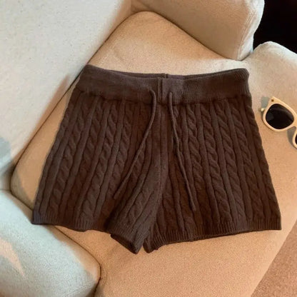 Pantaloncini da donna in maglia a vita alta con coulisse, tinta unita, stile americano, nuovi arrivi autunnali, in fibra di poliestere.