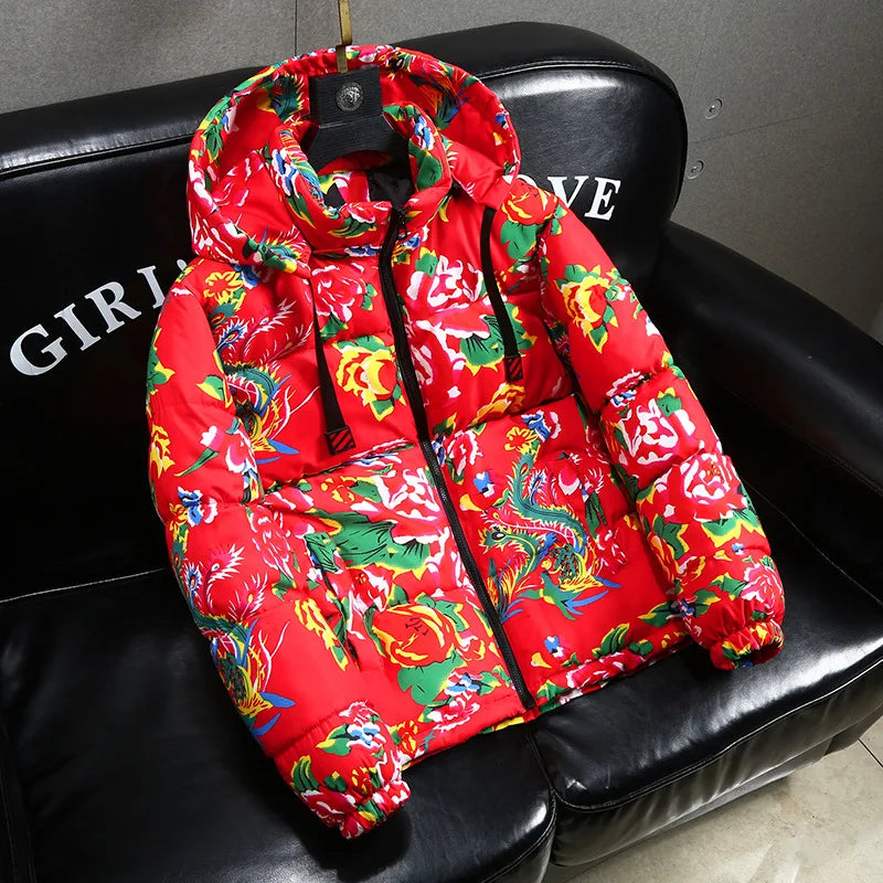 2025 Autumn Winter Chinese Style Northeast China Large Floral Cotton Jacket Loose-fit Zippered Hooded Long Sleeved Warm Coat