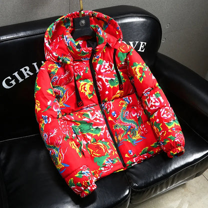 2025 Autumn Winter Chinese Style Northeast China Large Floral Cotton Jacket Loose-fit Zippered Hooded Long Sleeved Warm Coat