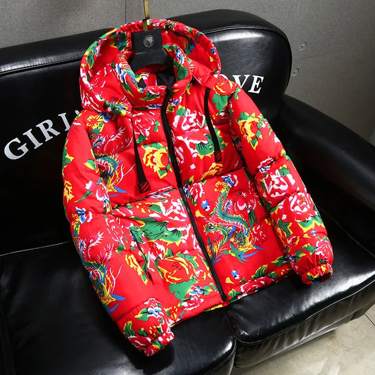 2025 Autumn Winter Chinese Style Northeast China Large Floral Cotton Jacket Loose-fit Zippered Hooded Long Sleeved Warm Coat