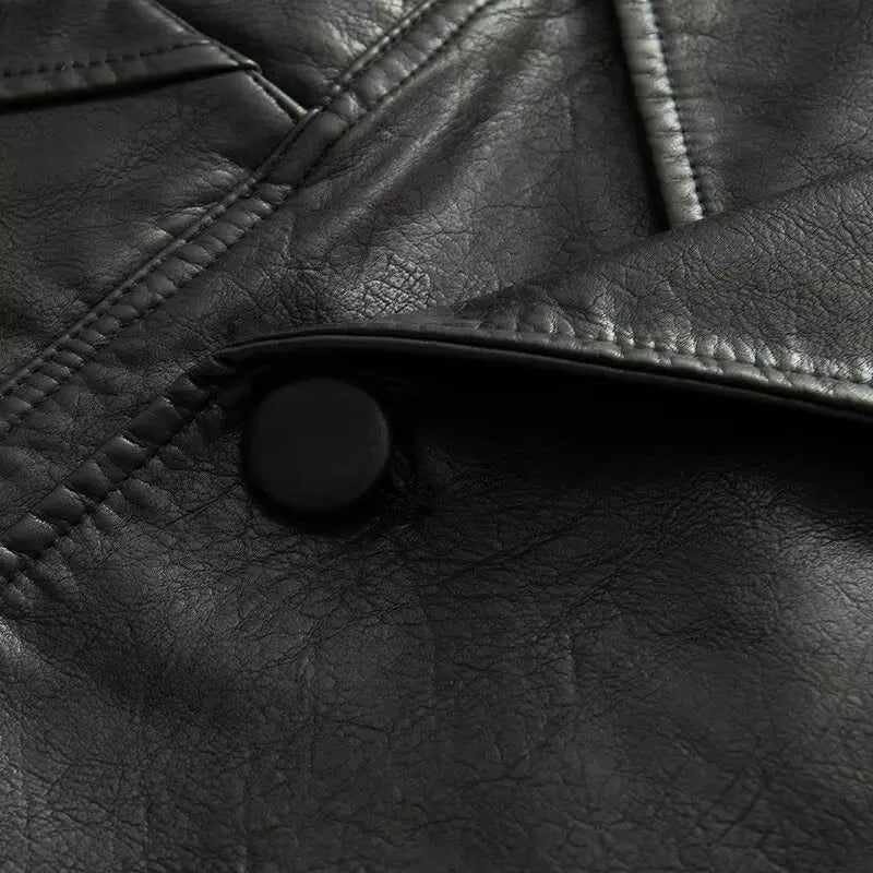 2025 Autumn American Retro Women Washing Black PU Leather Jacket Lapel 3 Buttons Full Sleeve Oversize Coat Loose Short Outerwear