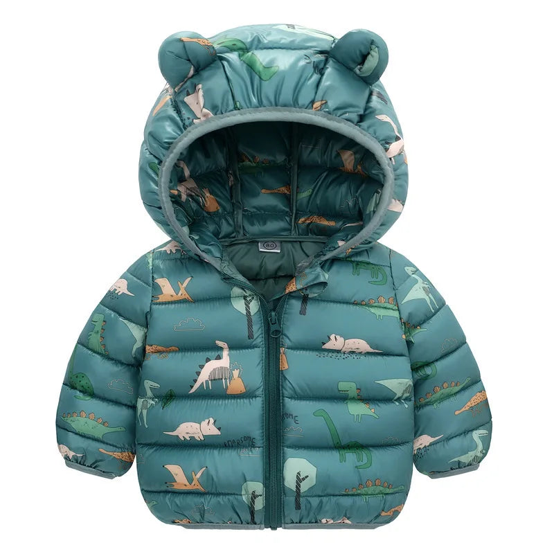 Giacca autunno/inverno per neonati, maschietti, maschietti, femminucce, dinosauri a cartoni animati, cappotto spesso con cappuccio per bambine da 1 a 5 anni, tiene caldo, piumino in cotone, capospalla