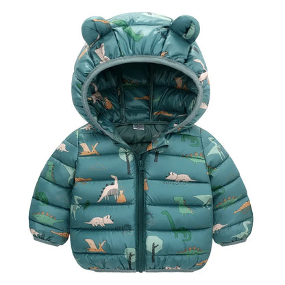 Giacca autunno/inverno per neonati, maschietti, maschietti, femminucce, dinosauri a cartoni animati, cappotto spesso con cappuccio per bambine da 1 a 5 anni, tiene caldo, piumino in cotone, capospalla