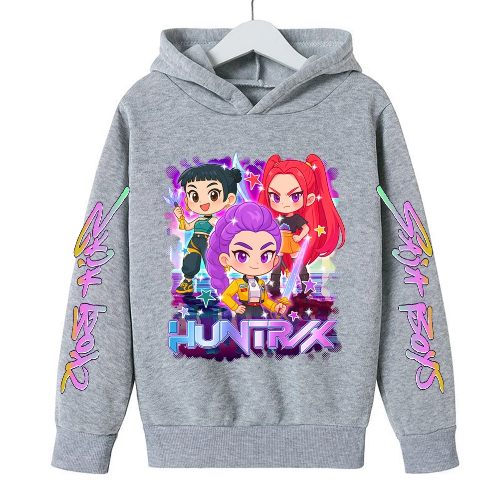 Felpa con cappuccio KPop Demon Hunters Huntrix per bambini, abbigliamento da principessa per ragazze, abbigliamento alla moda per ragazzi, felpa primavera autunno, top per bambini