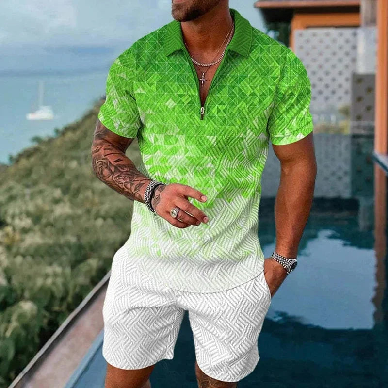 Completo da uomo composto da polo con cerniera, tinta unita, stampa 3D sfumata, colletto polo e pantaloncini. Abbigliamento estivo oversize per le vacanze alle Hawaii.