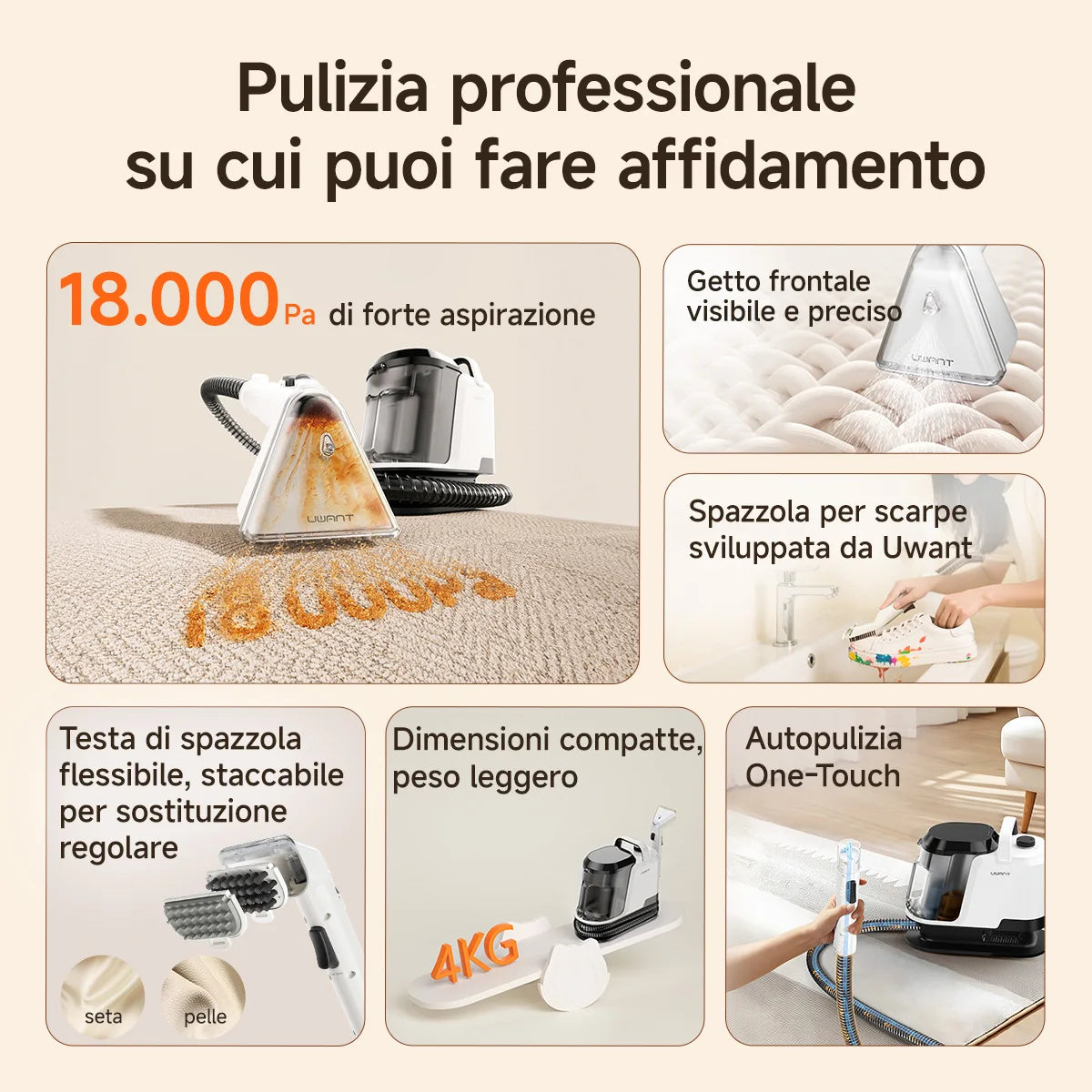 Uwant Y100 18KPa Carpet Cleaner Spray Brush Suction Portable Clean Machine for Sofa Car Shoe Pet Hair Odor Removal Self-Cleaning