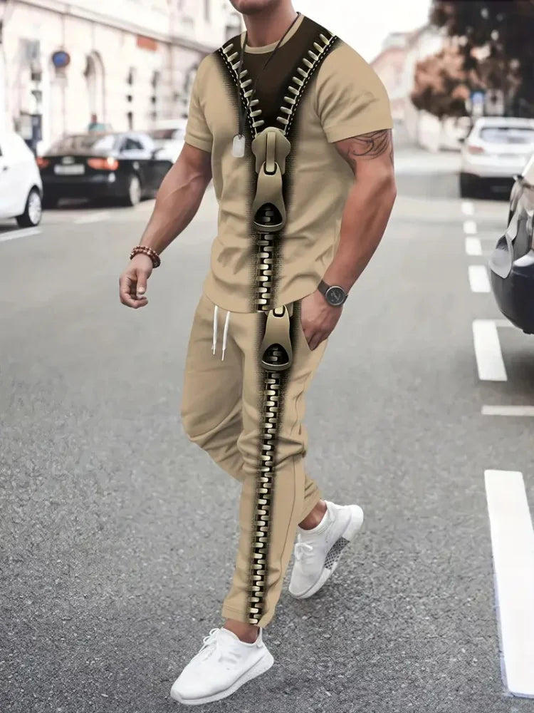 Completo da uomo casual con cerniera e pantaloni lunghi a maniche corte, sottili, con stampa 3D astratta, completo da uomo a 2 pezzi con pantaloni lunghi, stile urbano e casual.