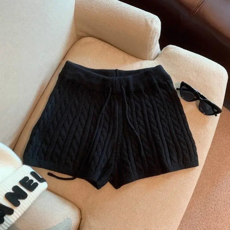 High Waist Drawstring Knitted Shorts Women's Basic Solid Color Casual Shorts American Style Autumn New Arrival Polyester Fiber