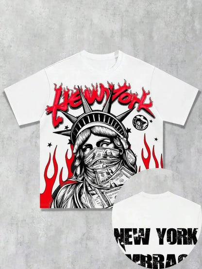 Nuovo set da uomo di tendenza con stampa della Statua della Libertà, composto da t-shirt girocollo traspirante e pantaloncini, comodo per le attività all'aperto.