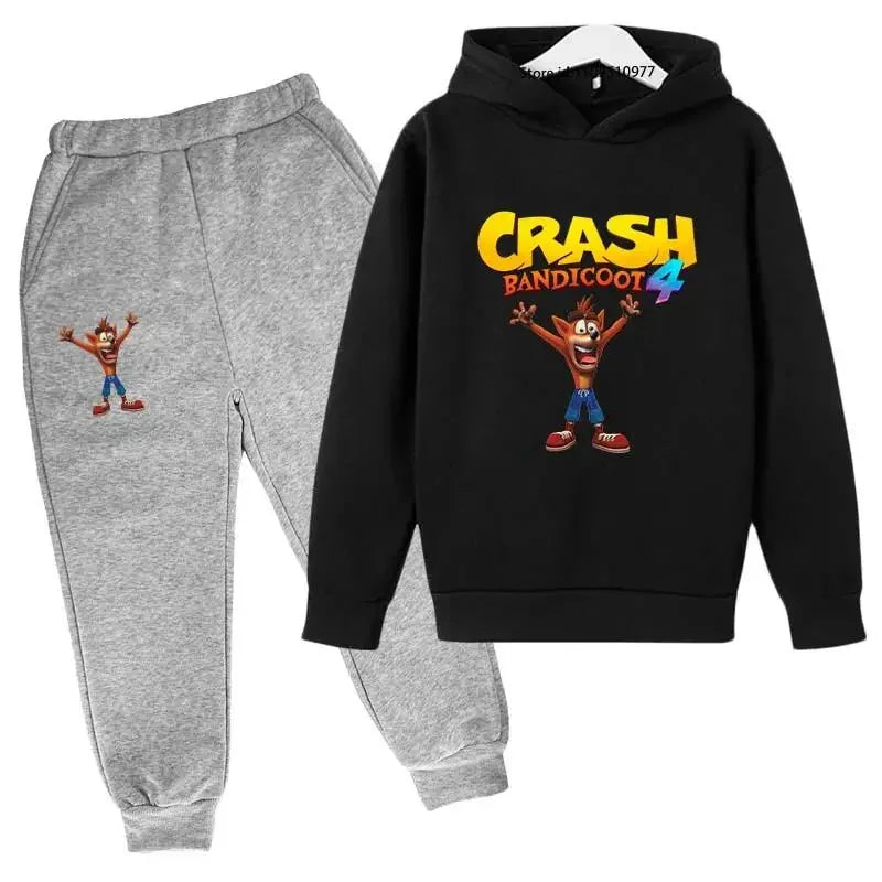 Completo per bambini con felpa con cappuccio e pantaloni a tema Crash Bandicoot, ideale per primavera e autunno, taglie 3-13 anni, abbigliamento casual per bambini e bambine.