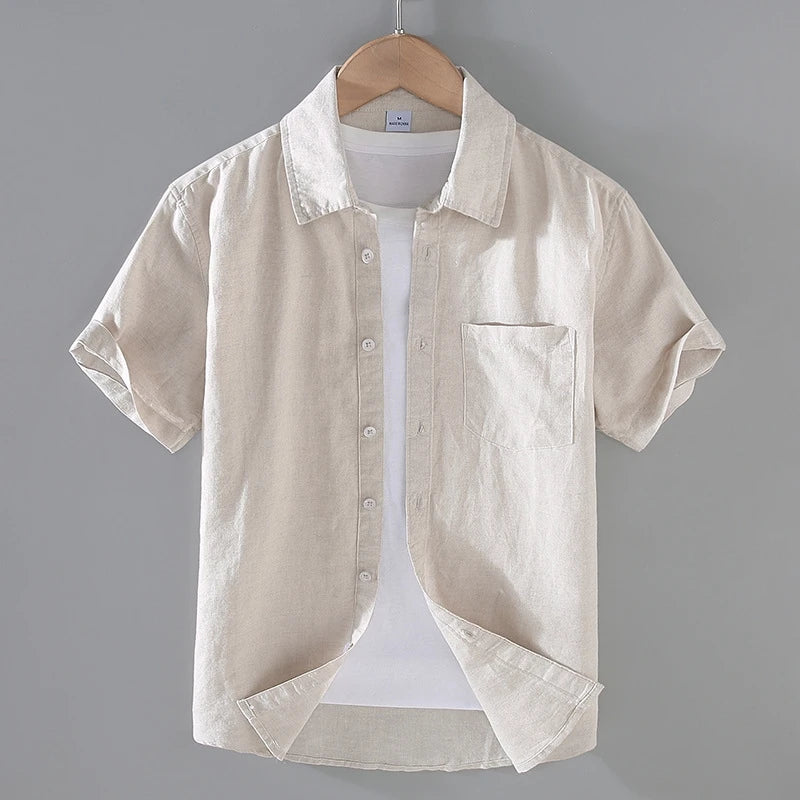 Camicia da uomo in cotone e lino a maniche corte, estiva, stile streetwear, tinta unita, collo alto, casual, stile spiaggia, taglie forti dalla M alla 3XL