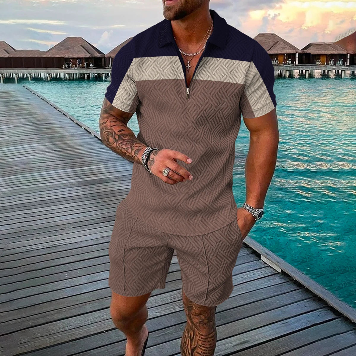 Completo estivo da uomo con stampa 3D, composto da polo con cerniera e pantaloncini, 2 pezzi, stile boho geometrico, abbigliamento per le vacanze.
