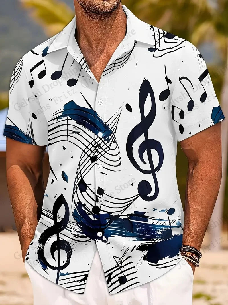Camicie con stampa 3D di note musicali, da uomo e da donna, alla moda, a maniche corte, casual, da spiaggia, con risvolto, nuovi abiti per le vacanze