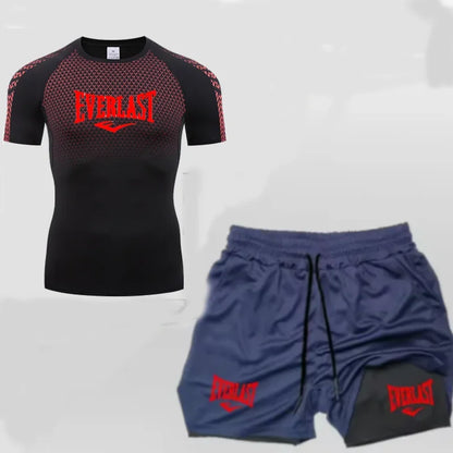 EVERLAST Maglietta a compressione da uomo + pantaloncini sportivi 2 in 1 Set 2 pezzi Tempo libero Traspirante Manica corta Sport Jogging Palestra Abbigliamento di marca Stampa