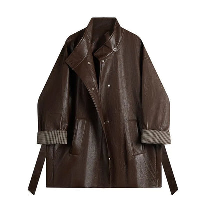 Maillard Coffee Color Design tie up Slimming Leather Jacket 2025Autumn New Loose Solid Color Outfit Korean Outerwear top Commute