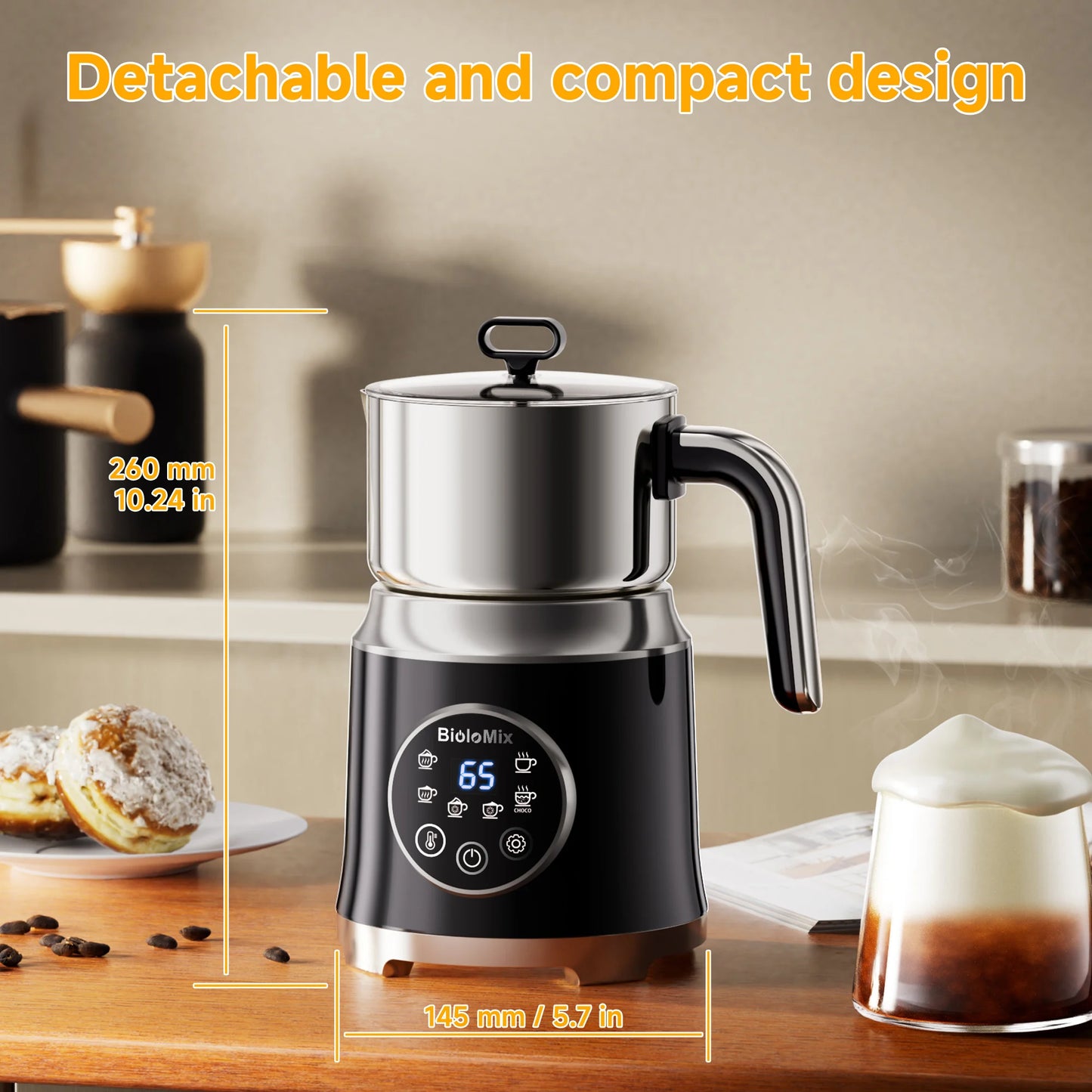 BioloMix 7 in 1 Steamer, montalatte elettrico staccabile, schiumatore automatico caldo/freddo per caffè e cioccolata calda, lavabile in lavastoviglie