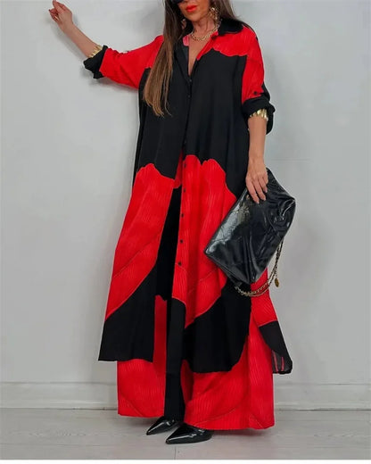 Women Autumn Fashion Casual Color Blocked Loose Shirt Top and Pants Two-piece Set Comfortable Straight Pants Female Suits 2025