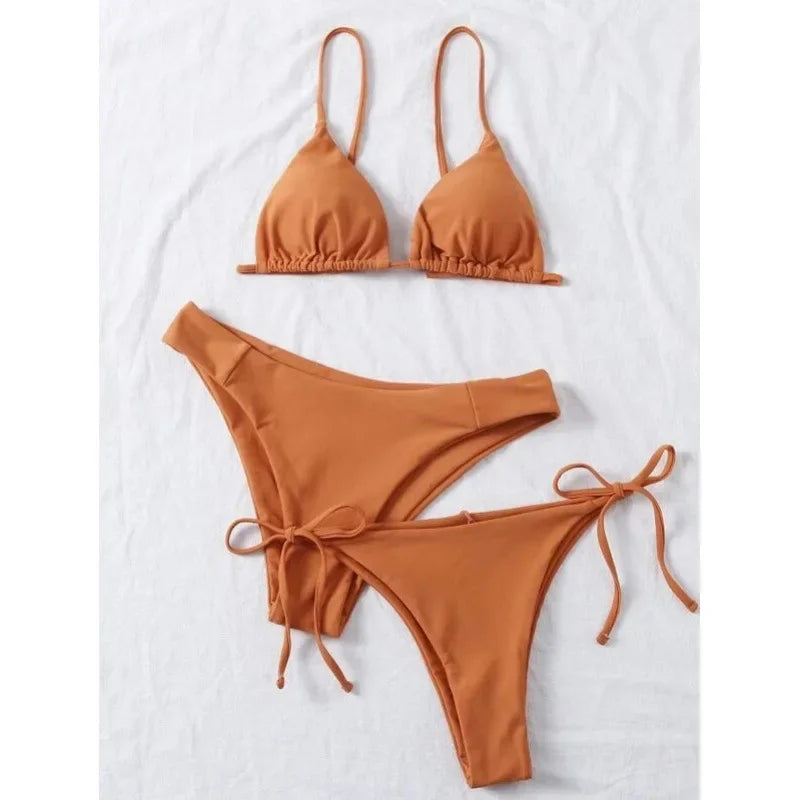 Sexy set bikini a 3 pezzi da donna, tinta unita blu e viola, push-up, a triangolo, costume da bagno brasiliano da spiaggia, costume da bagno bikini