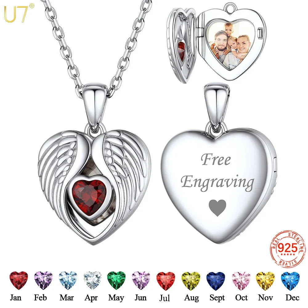 Ciondolo a forma di cuore con ali d'angelo in argento 925 U7 con pietre portafortuna, collana con ciondolo portafoto personalizzato per donna, gioiello commemorativo con foto di famiglia.