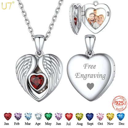 Ciondolo a forma di cuore con ali d'angelo in argento 925 U7 con pietre portafortuna, collana con ciondolo portafoto personalizzato per donna, gioiello commemorativo con foto di famiglia.