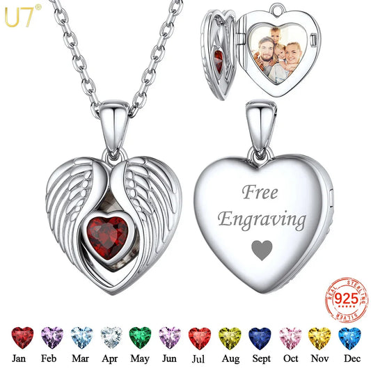 Ciondolo a forma di cuore con ali d'angelo in argento 925 U7 con pietre portafortuna, collana con ciondolo portafoto personalizzato per donna, gioiello commemorativo con foto di famiglia.
