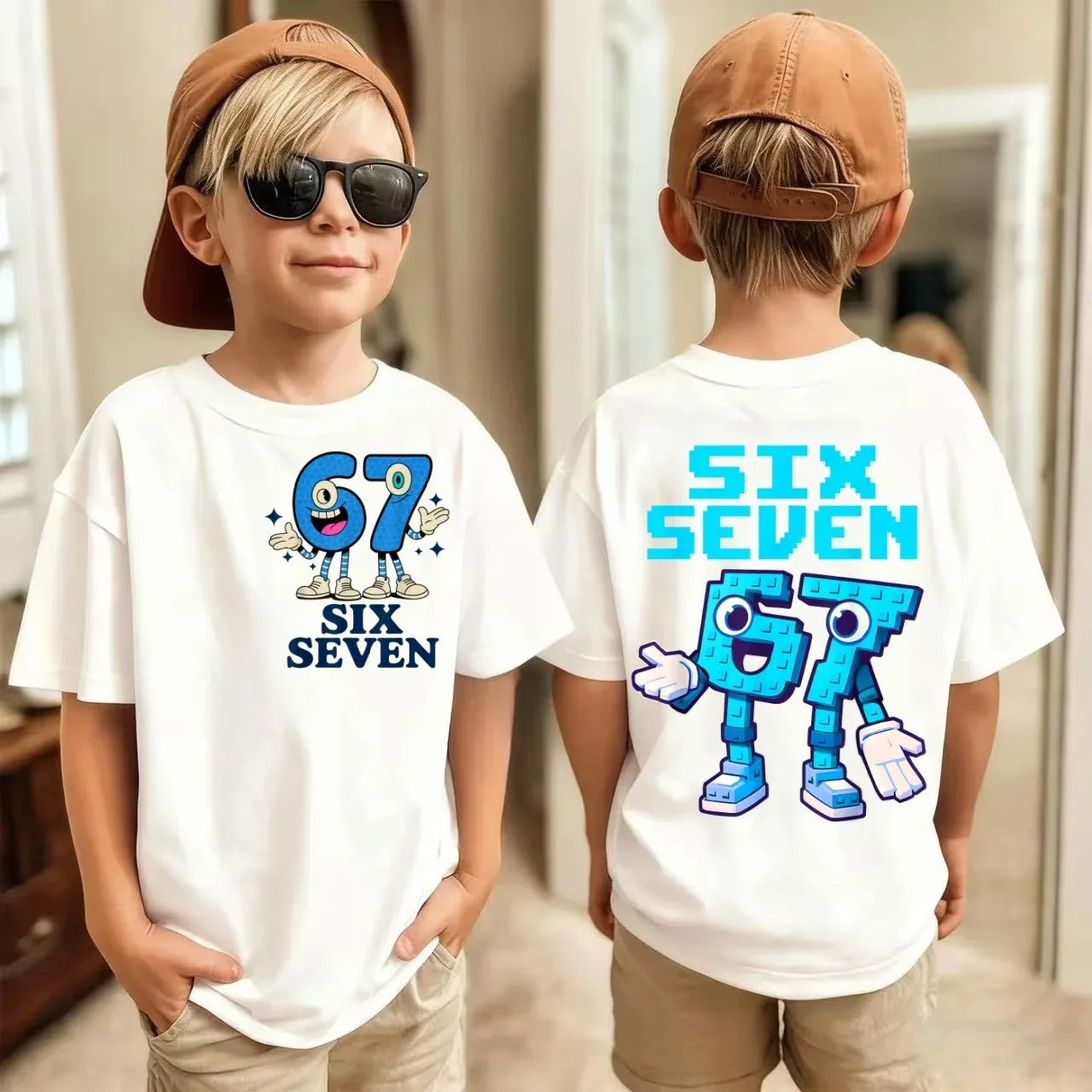 Maglietta estiva per bambini in cotone, casual, alla moda, abbigliamento per bambini, 67 Sei Sette, stampa carina, trendy, per ragazzi e ragazze, magliette a maniche corte.