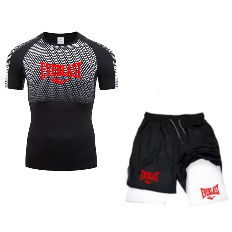 EVERLAST Maglietta a compressione da uomo + pantaloncini sportivi 2 in 1 Set 2 pezzi Tempo libero Traspirante Manica corta Sport Jogging Palestra Abbigliamento di marca Stampa