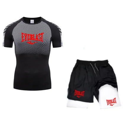 EVERLAST Maglietta a compressione da uomo + pantaloncini sportivi 2 in 1 Set 2 pezzi Tempo libero Traspirante Manica corta Sport Jogging Palestra Abbigliamento di marca Stampa