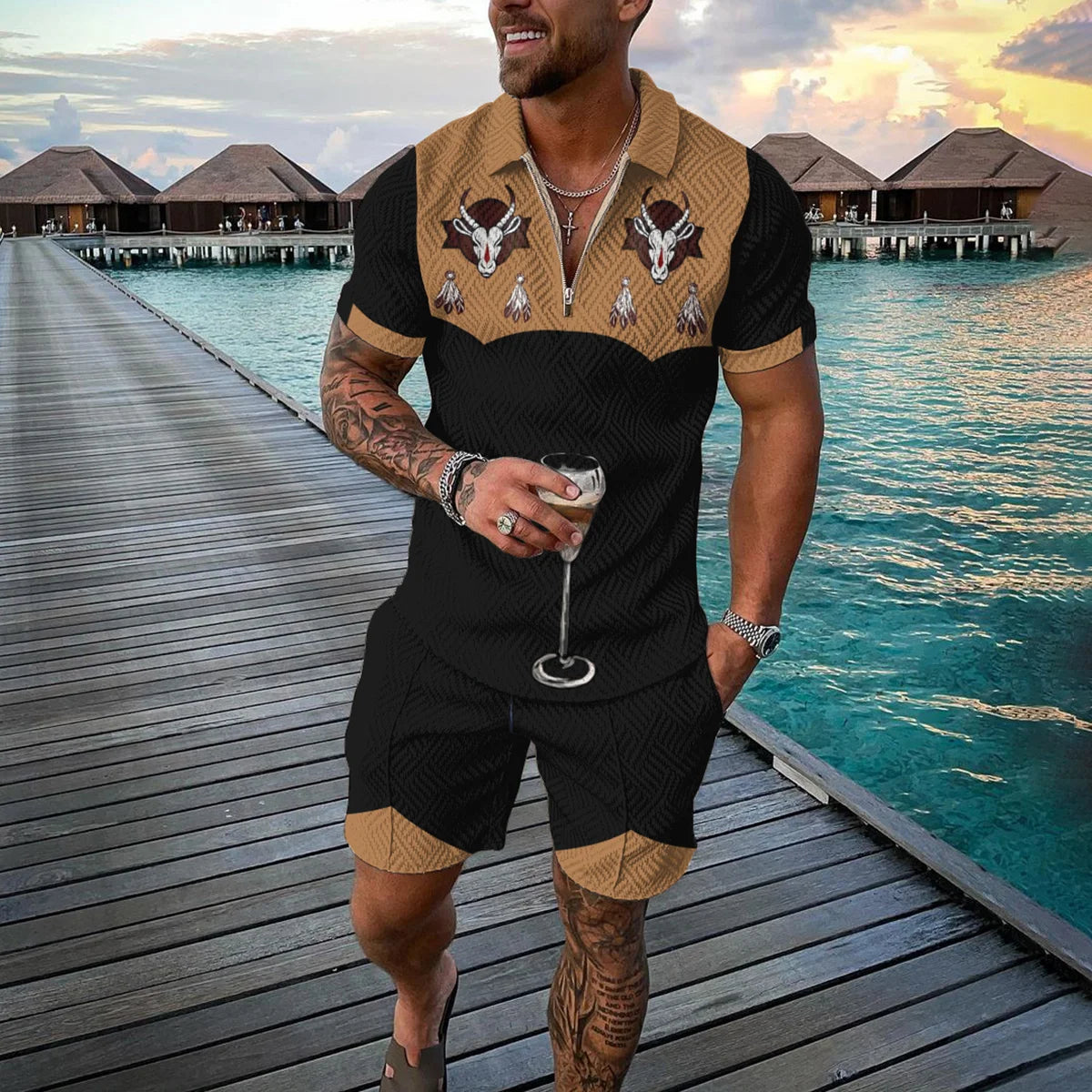 Completo estivo da uomo con stampa 3D, composto da polo con cerniera e pantaloncini, 2 pezzi, stile boho geometrico, abbigliamento per le vacanze.