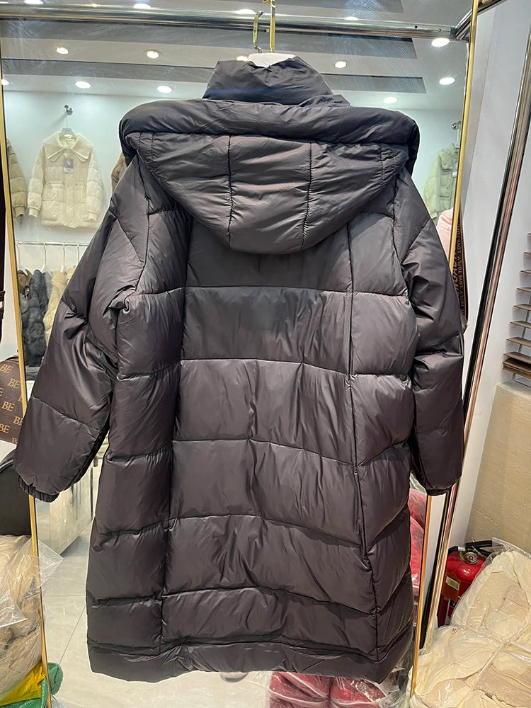 Winter Thicken Long Hooded Down Jacket Women White Duck Down Parker Knee Length Jackets Female Warm Zipper Waterproof Outwears