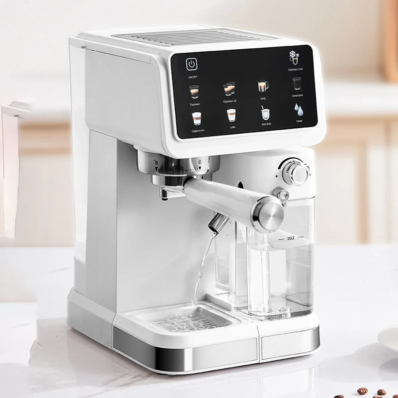 Macchina per espresso italiana per uso domestico, ad alta pressione, automatica per la schiumatura del latte, con schermo a colori intelligente integrato.
