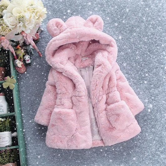 -30℃ Giacche invernali in pelliccia sintetica per bambine, calde, con cappuccio, in cotone, alla moda, capospalla casual, cappotto tinta unita per bambini