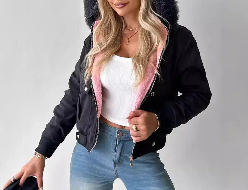 Giacca da donna corta Streetwear Moda versatile Casual Cerniera Spessa Maniche lunghe Cappotti con cappuccio per donna 2024 Autunno/Inverno