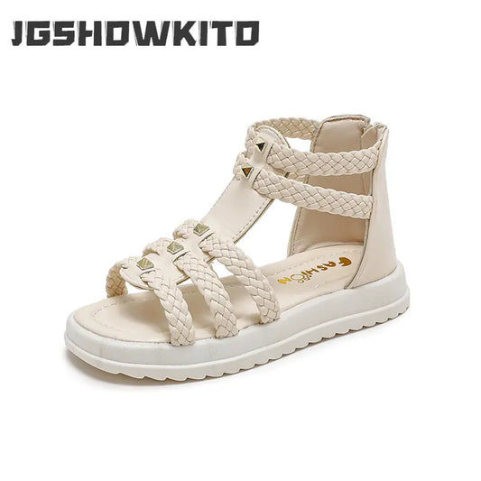Sandali estivi per bambine 2025, nuovi sandali gladiatore casual in stile coreano, morbidi in PU antiscivolo, con trama a intreccio, stile principessa.