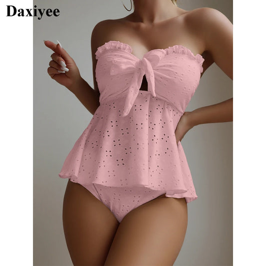 Bow Tie Patchwork Bikinis Set Off The Shoulder Female Swimsuit Hollow Out Women Swimwear Solid High Waist Bathing Suit Biquini