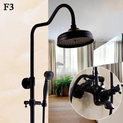 Bathroom Antique Black Painting Brass Lifting Column Wall Mount Shower Set 8" 3-Functions Hot Cold Rainfall Shower Mixer Tap