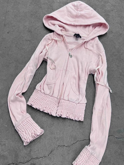 Y2K Pink Joggers Tracksuits Women Harajuku Cute Pleated Elastic Waist Zipper Sweatshirt Hoodie Gothic Casual Pants Sweatpants
