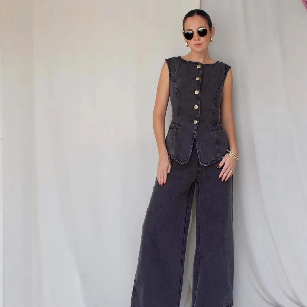 American Style Solid Color Fashion Sleeveless Vest And Jeans Set Straight Leg Wide Pants Women's Denim Outfit Cotton Material