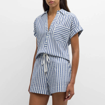 2026 New European & American Blue-White Stripe Short-Sleeve Set: Collared Half-Placket Top + Drawstring Shorts, 2-Piece for Casu