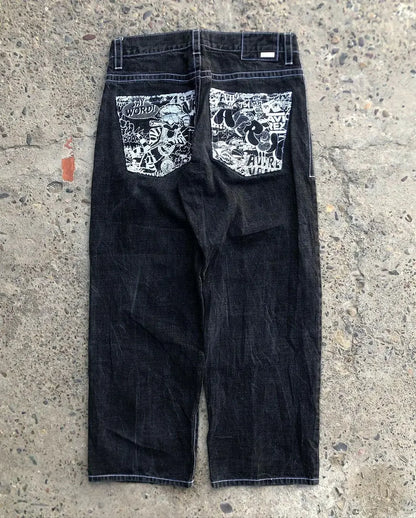 Personality Pocket Splicing Fashionable Design Wing Pattern Baggy Straight-leg Jeans Korean Style New Popular Denim Pants