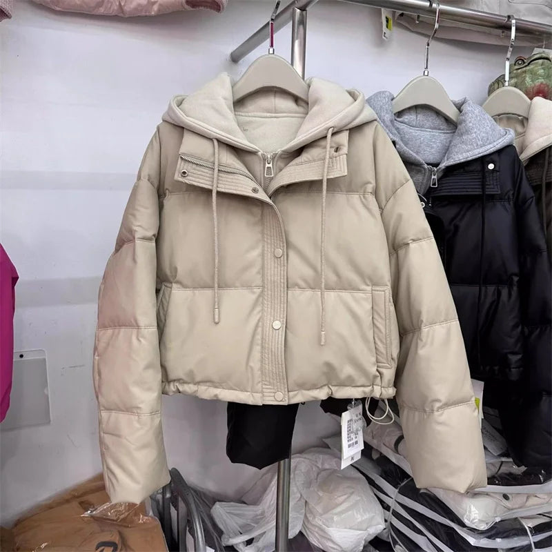 Autumn Winter New Fake Two Pieces Splicing Cotton Jacket Women Cotton-Padded Thick Warm Parkas Short Coat Female Casual Lady Top