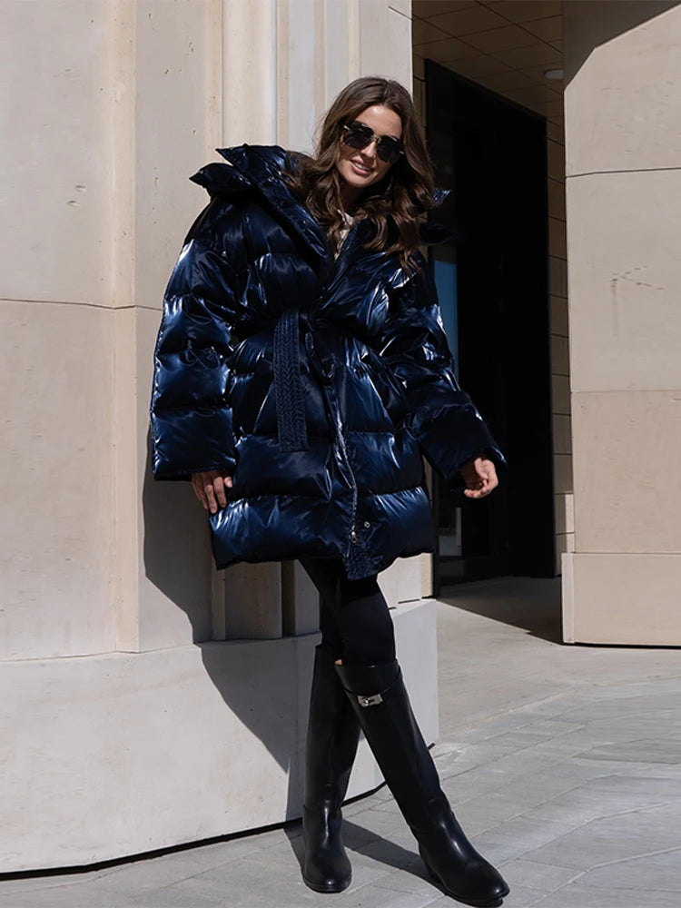 Women's Shiny Quilted Jacket With Detachable Hood Fashion Long Sleeve Zipper Belted Waist Coat Lady 2026 Warm Winter Outerwear