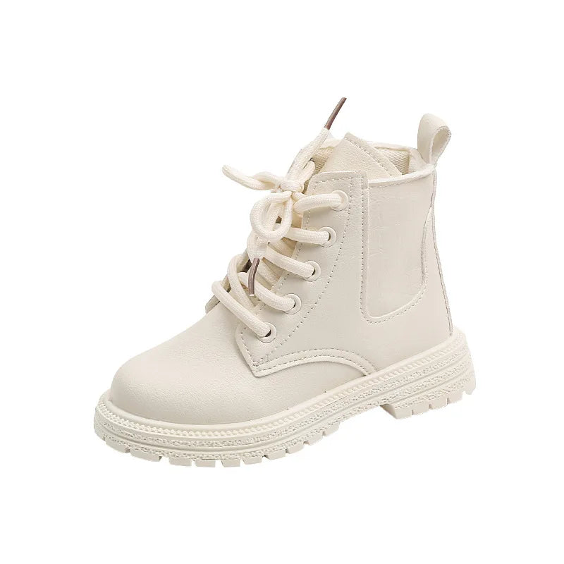 Stivali beige da bambina 2023 con cerniera laterale, semplici, antiscivolo, casual, scarpe per bambini, versatili, morbidi, stile britannico, stivali corti per bambini in PU