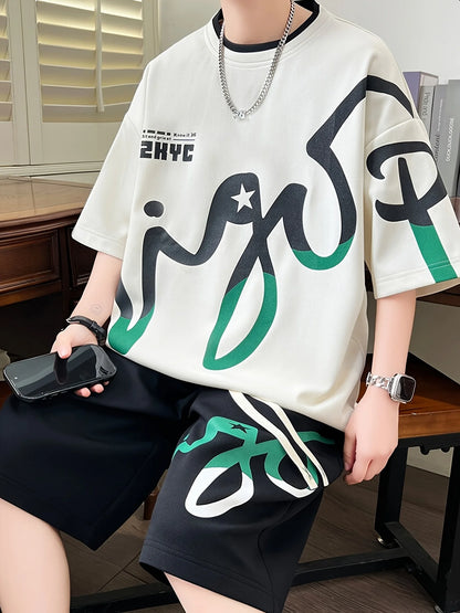 Completo estivo da uomo 2025, abbigliamento sportivo coreano a due pezzi per uomo, abbigliamento da uomo alla moda, set da jogging, set t-shirt + pantaloncini, po