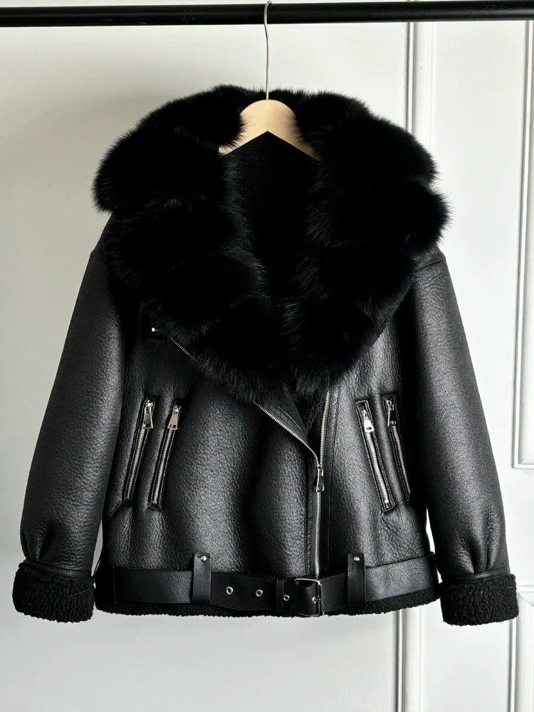 Janveny 2024 Winter Fake Leather Coat Real Natural Fox Fur Collar Cuff Women Thick Warm Large Lapel Fur Lining Leather Jacket