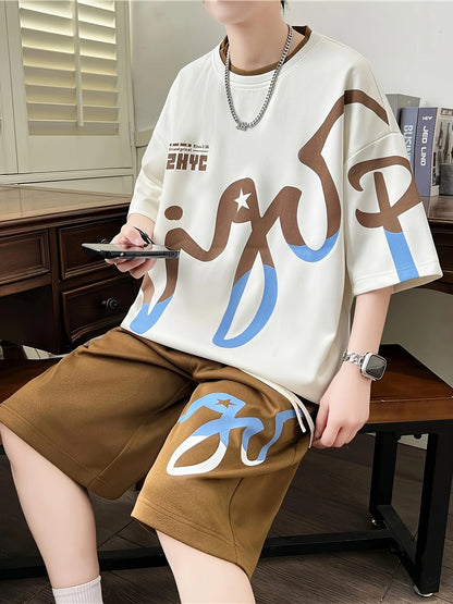 Completo estivo da uomo 2025, abbigliamento sportivo coreano a due pezzi per uomo, abbigliamento da uomo alla moda, set da jogging, set t-shirt + pantaloncini, po