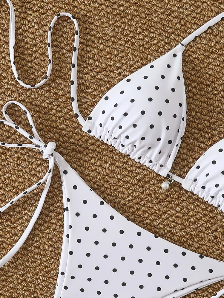 Set di micro bikini sexy con stampa a pois e perle, costume da bagno 2026, abbigliamento da spiaggia per donna, bikini estivo da spiaggia, costume da bagno a due pezzi