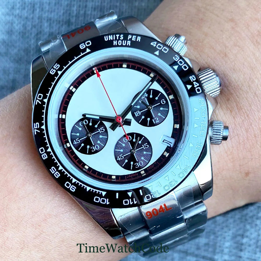 Orologio cronometro Tandorio da uomo, 39 mm, movimento al quarzo VK63, quadrante grigio, vetro zaffiro, cronografo completo, bracciale in acciaio inossidabile 316L, cinturino in gomma.