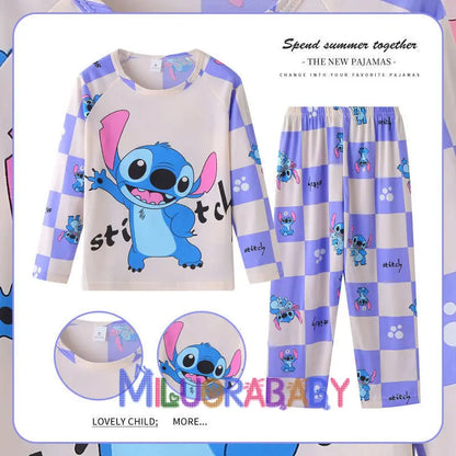 Pigiama per bambini dai 2 ai 14 anni, completo a maniche lunghe per primavera e autunno, set pigiama per bambini con motivo a cartoni animati Stitch, abbigliamento da casa comodo e casual per ragazzi e ragazze.