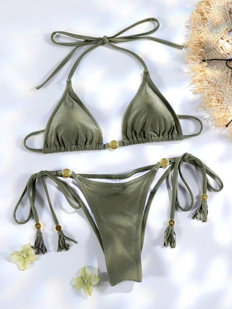 Bikini a triangolo Miyouj, nuovo costume a due pezzi, tinta unita, abbigliamento da spiaggia 2025, bikini da donna, costume da bagno sexy, micro tanga.